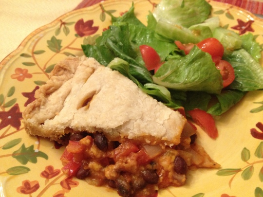 A delicious high-fibre black bean and peppers pie that makes a hearty dinner with a mixed green salad